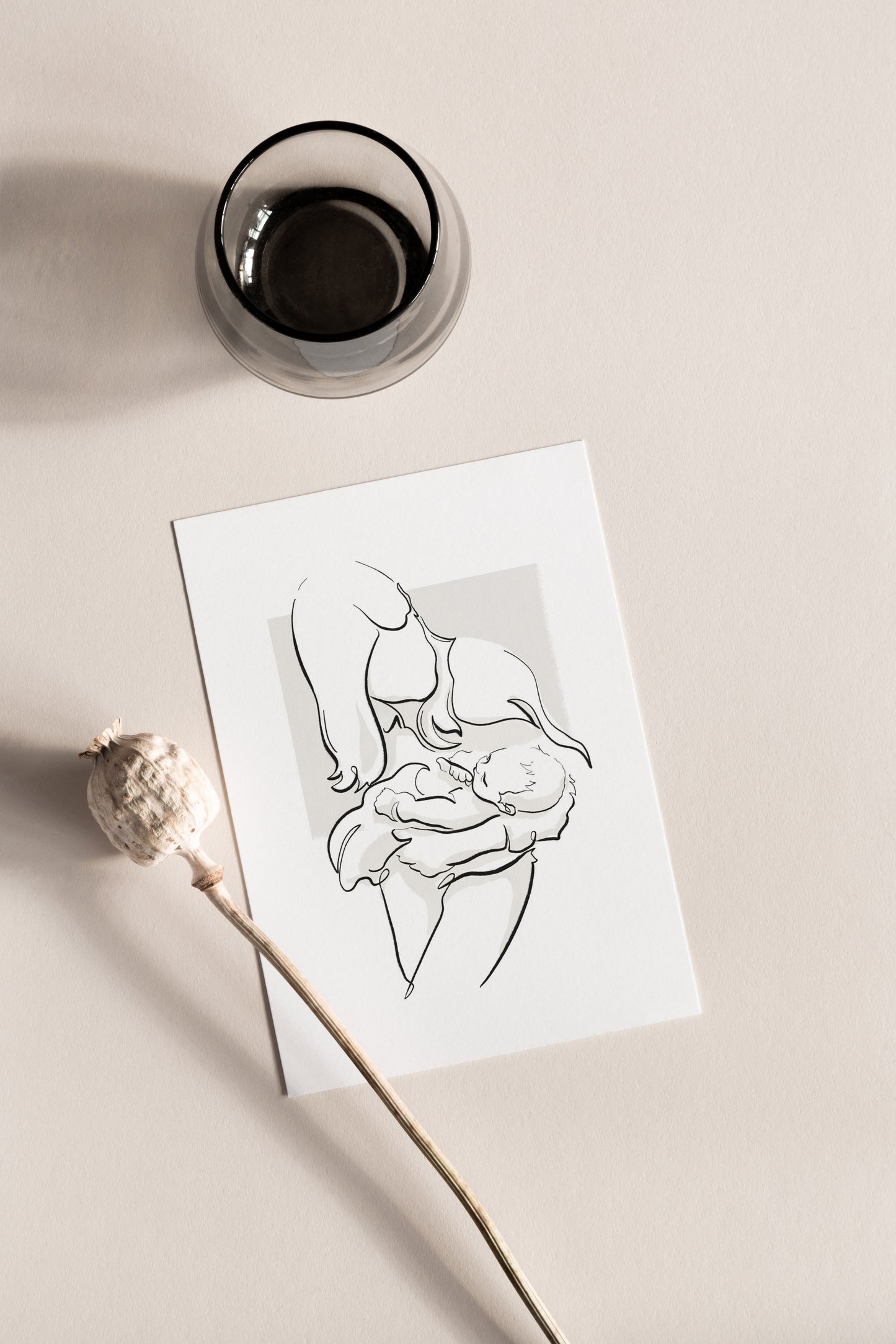 Mom and daughter custom hand-drawn line portrait from photo — Entrelinhas RIMA lab