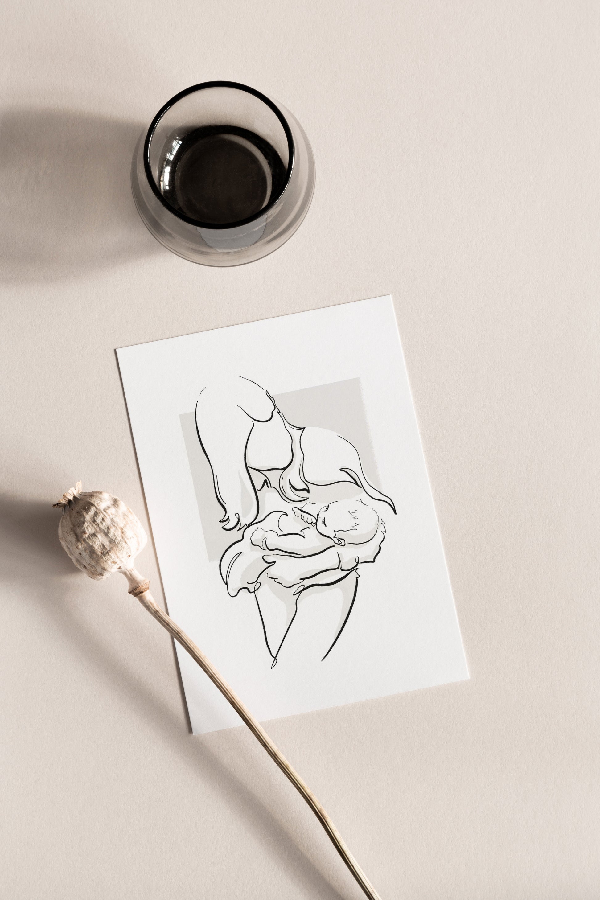 Mom and daughter custom hand-drawn line portrait from photo — Entrelinhas RIMA lab